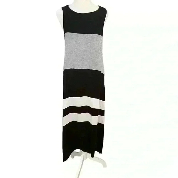 DKNY Tank Maxi Dress Size S Black Grey White Stripes Stretch Casual Boho Pockets - Picture 1 of 10